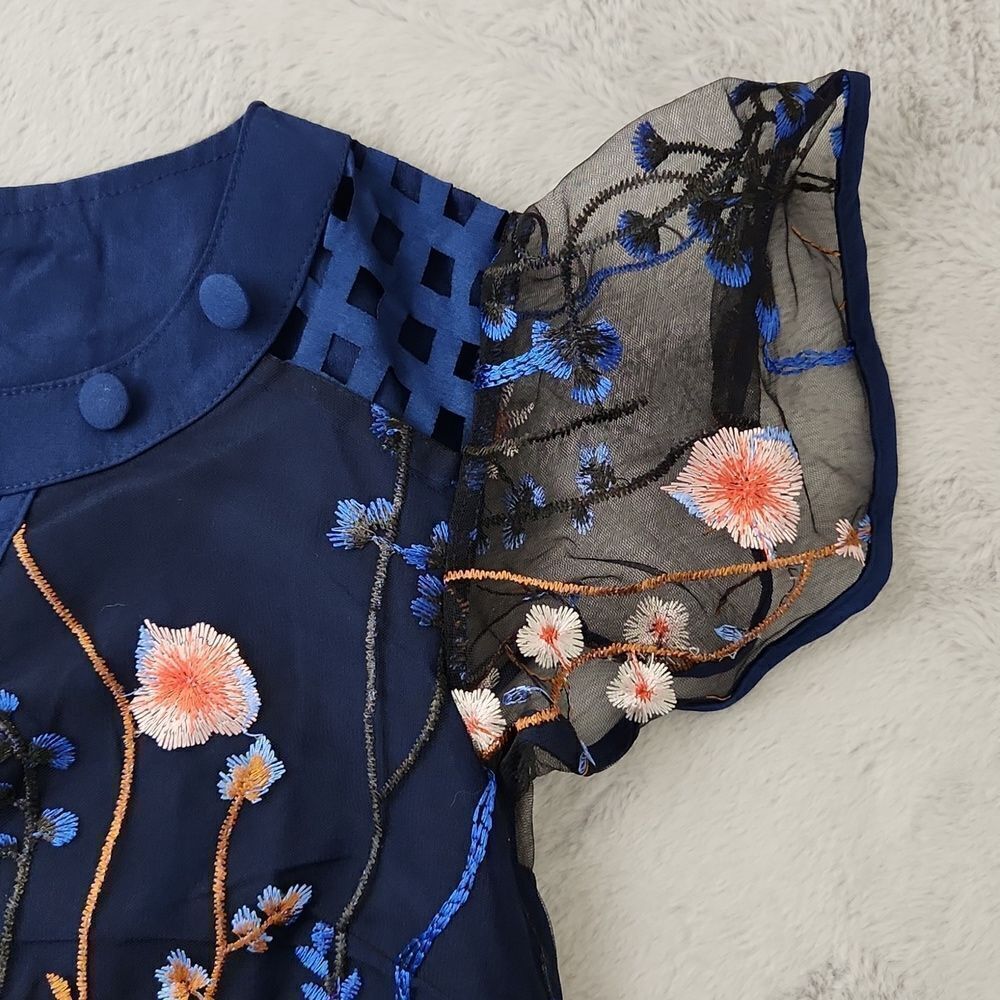 Floral Embroidered Mesh Blouse Women’s Small Blue Sheer Sleeve Top Boho Romantic - Picture 5 of 9